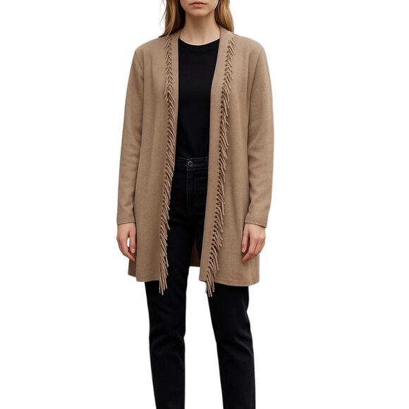 Magaschoni 100% Cashmere Fringe Trim Open Front Cardigan Brown Size XS - Picture 1 of 8